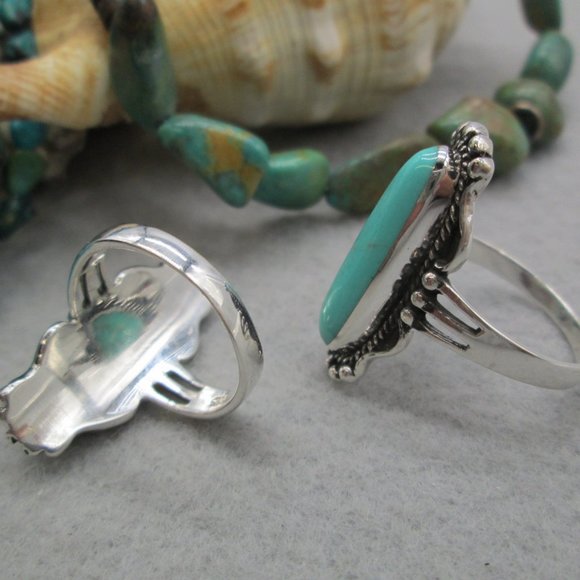 Native American 925 Sterling & Turquoise Elongated Oval Ring, Turquoise Ring - Picture 6 of 13